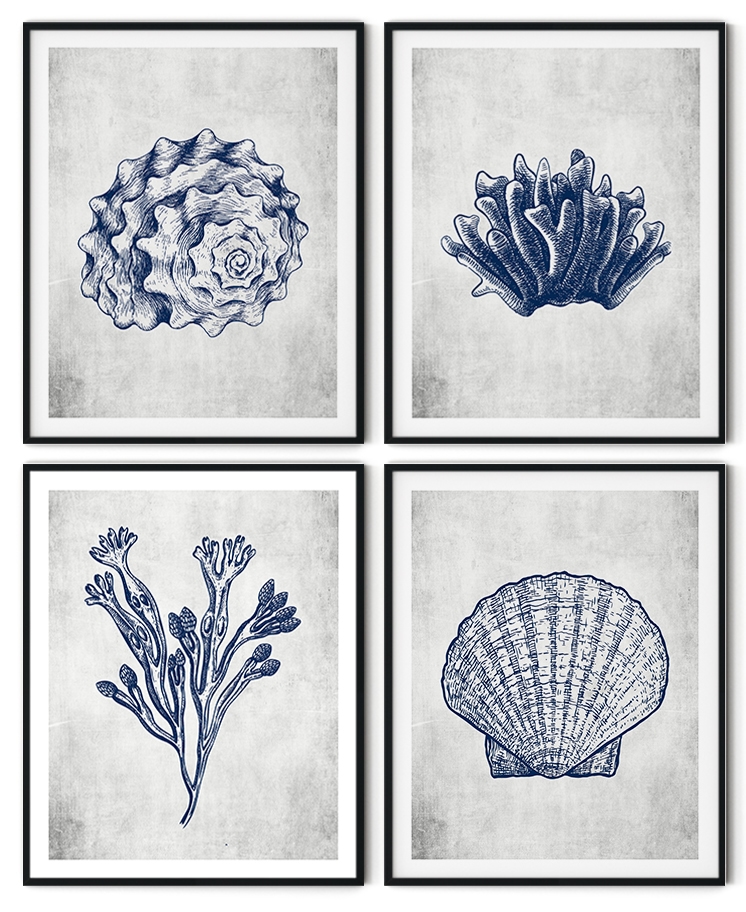 Set of 4 blue seashell and coral reef plants