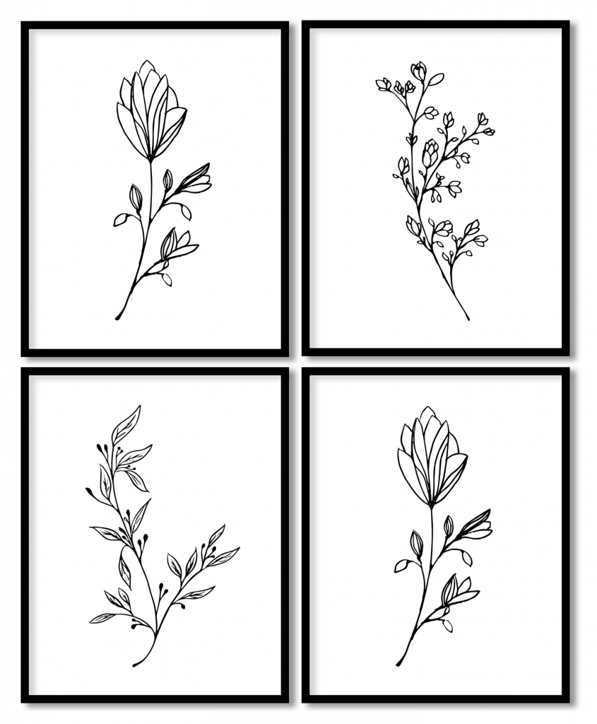 Set of 4 black line art botanical