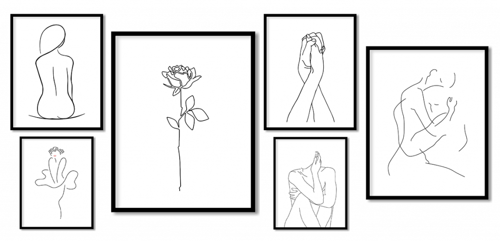 Set of 6 abstract lady and rose line drawing