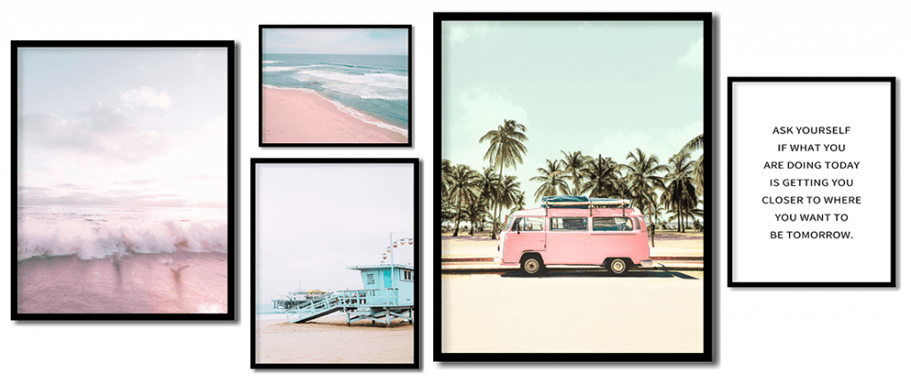 Set of 5 pink beach ocean waves and van