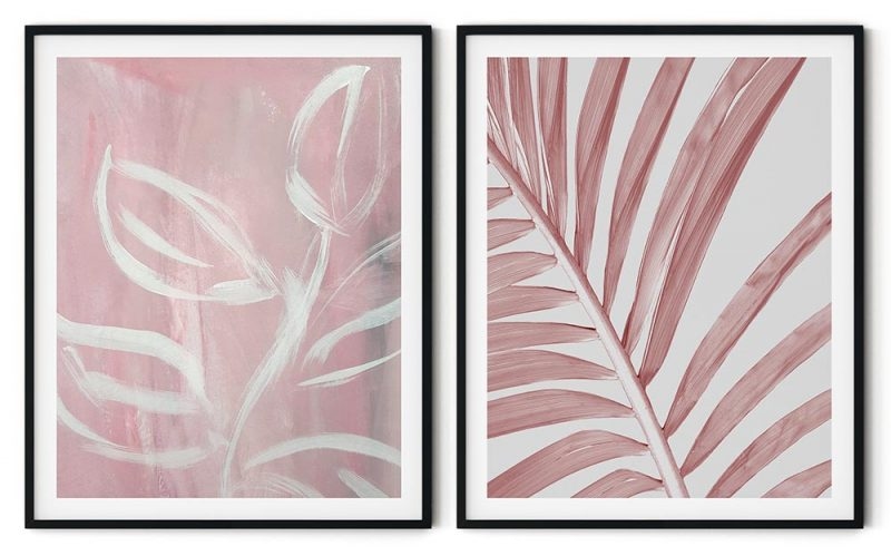 Set of 2 abstract pink white brushstroke botanical