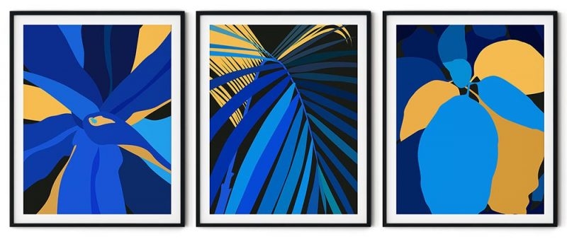 Set of 3 blue yellow abstract botanical