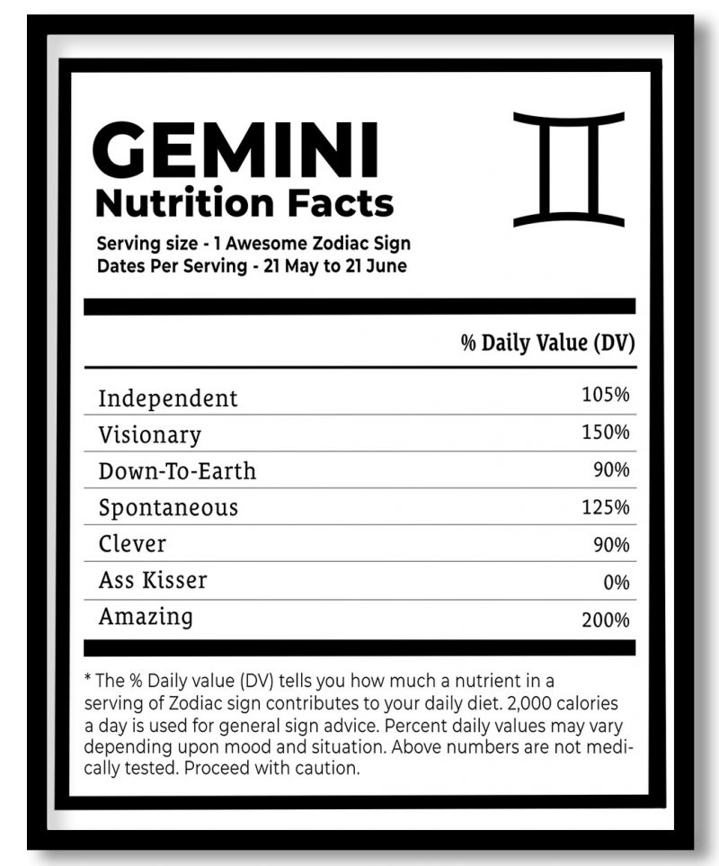 GEMINI, Nutritional Label, Funny Wall Art