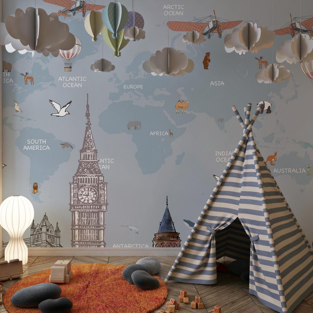 Kids world map animals and landmarks