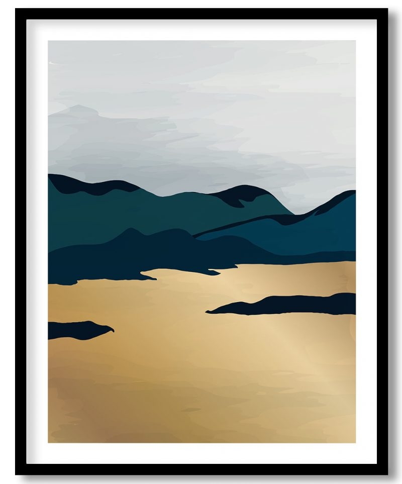 Gold blue abstract mountain landscape