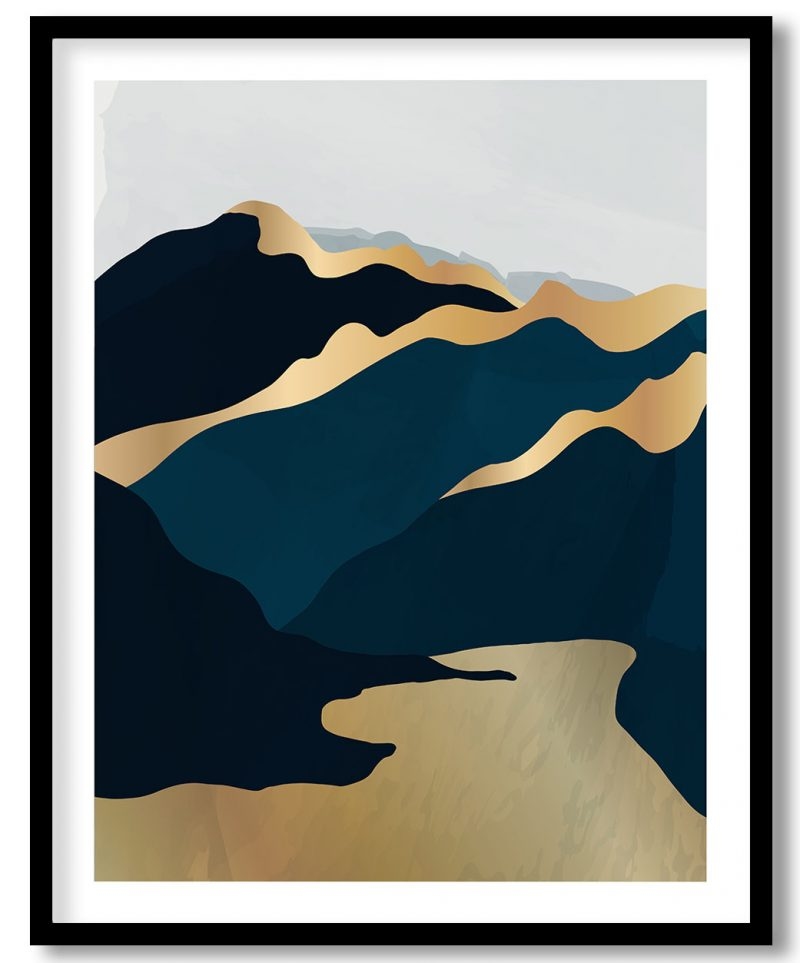 Gold blue abstract mountaineous landscape