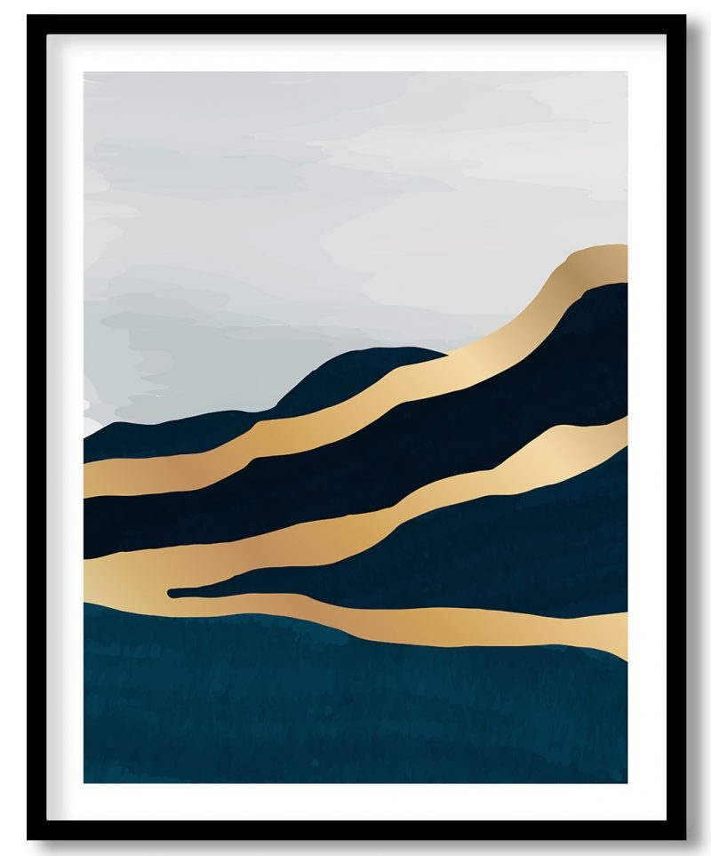 Gold blue abstract hills landscape