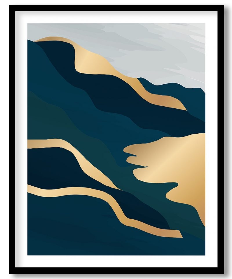 Gold blue abstract mountain and sea landscape