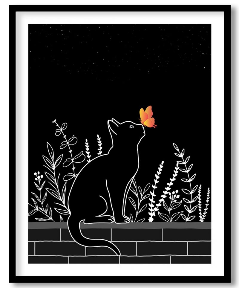 Abstract line drawing cat in starry night