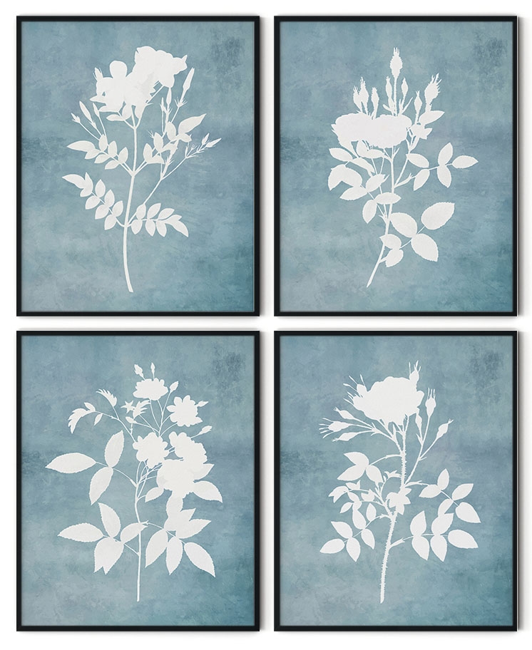 Set of 4 light blue botanical