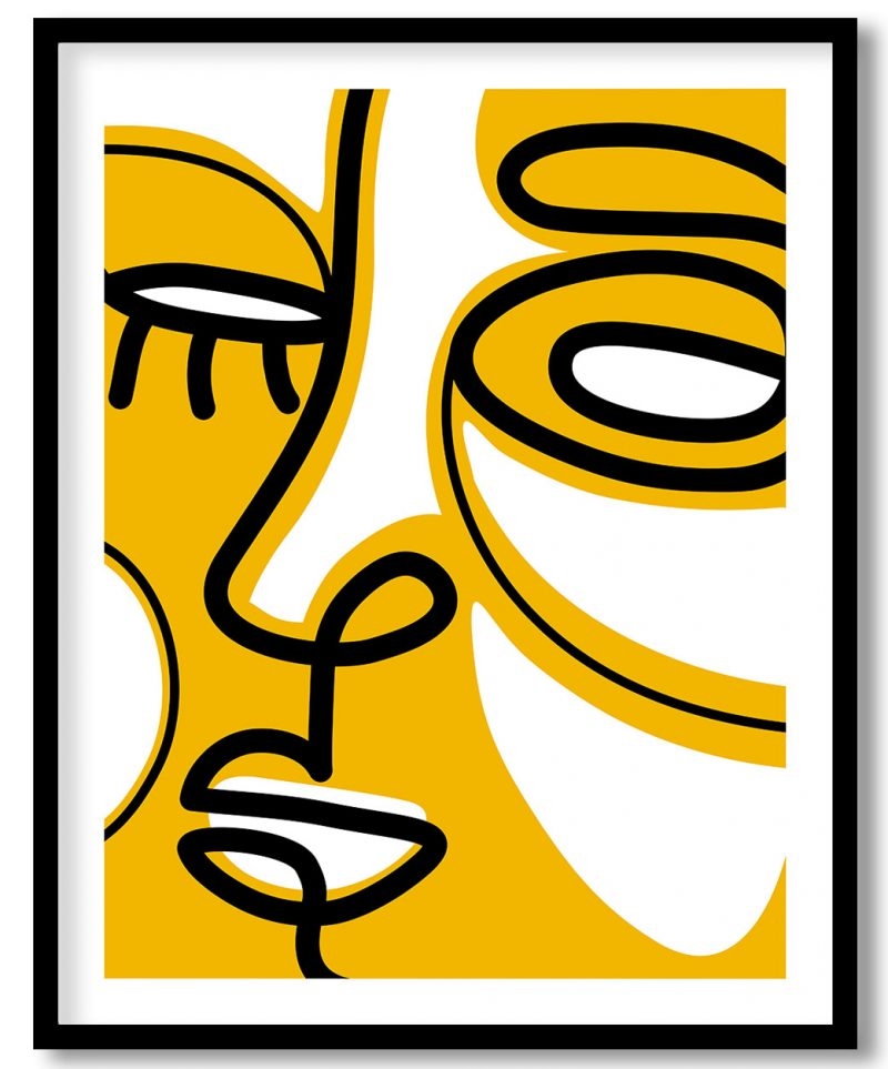 Yellow black line drawing human face figure