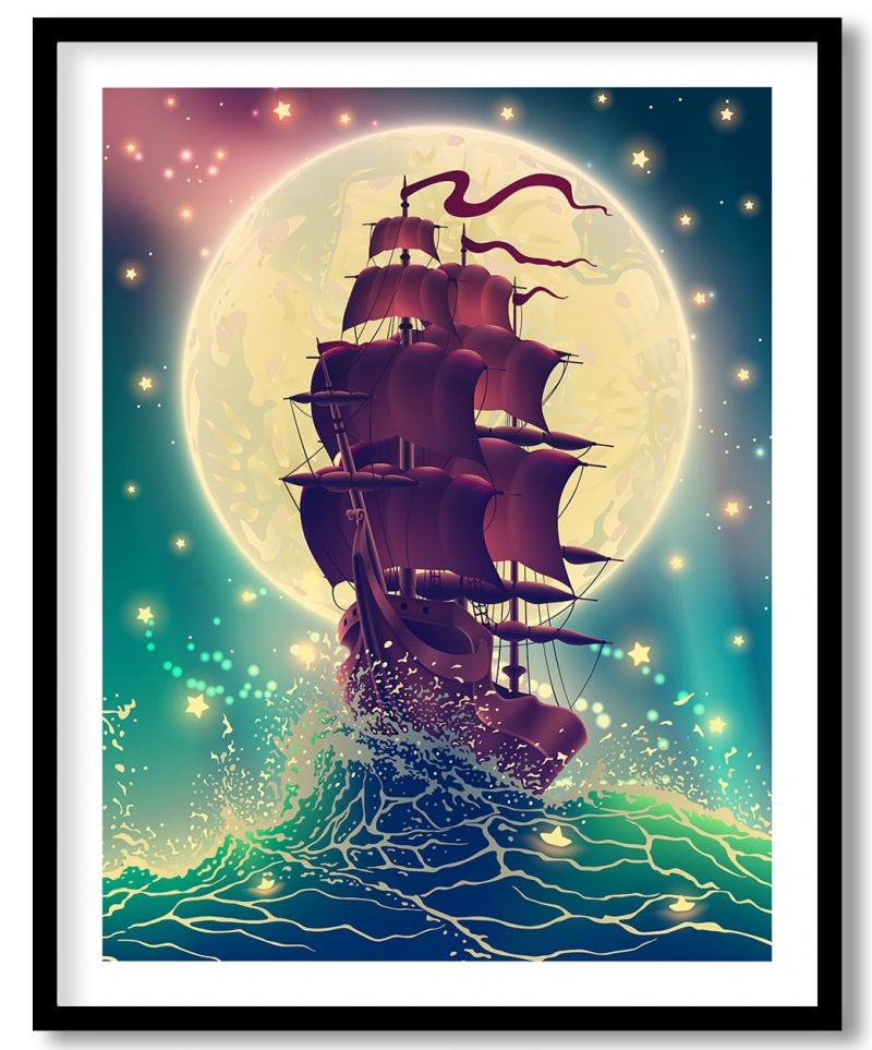 Fantasy ship scud on waves in moonlight