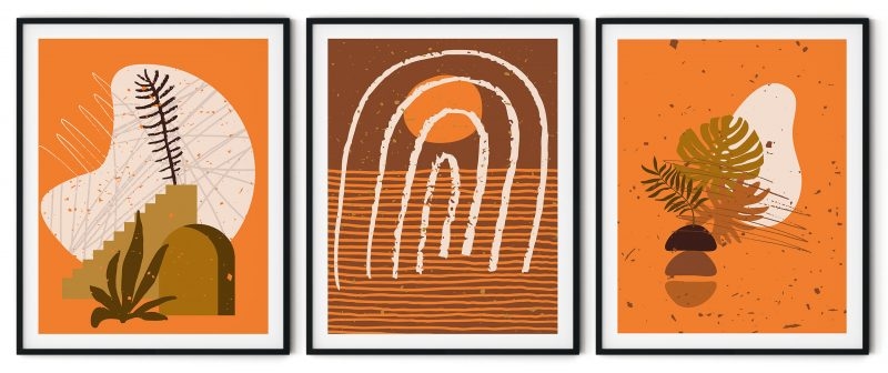 Set of 3 orange boho botanical sun landscape