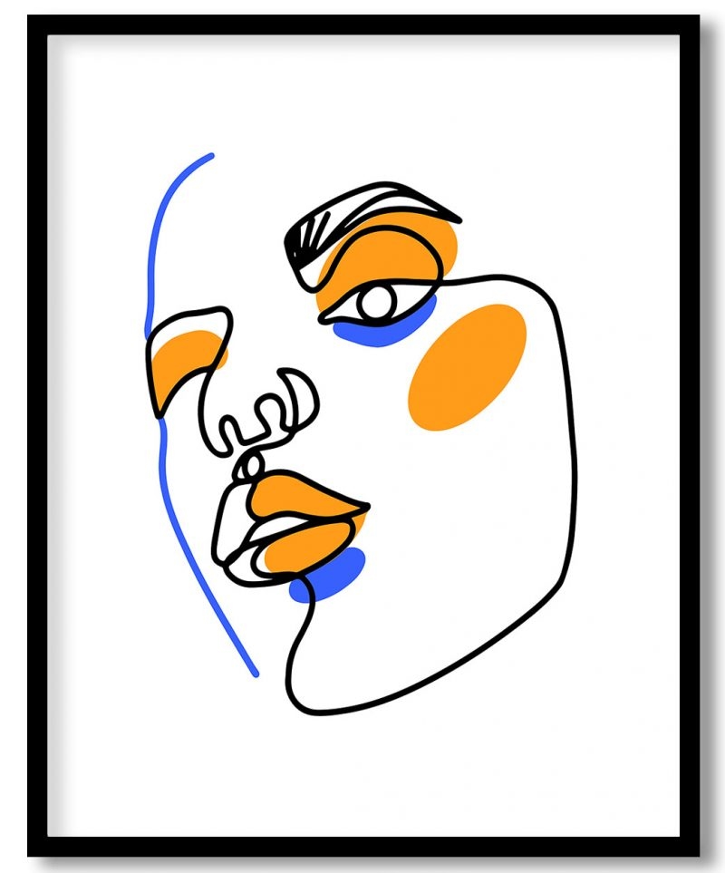Abstract yellow blue line drawing woman face figure