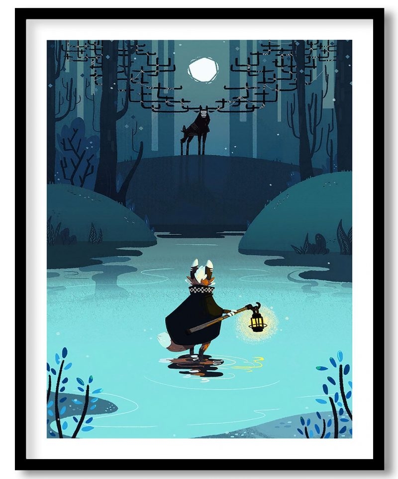 Fantasy forest moon night fox in a river against deer