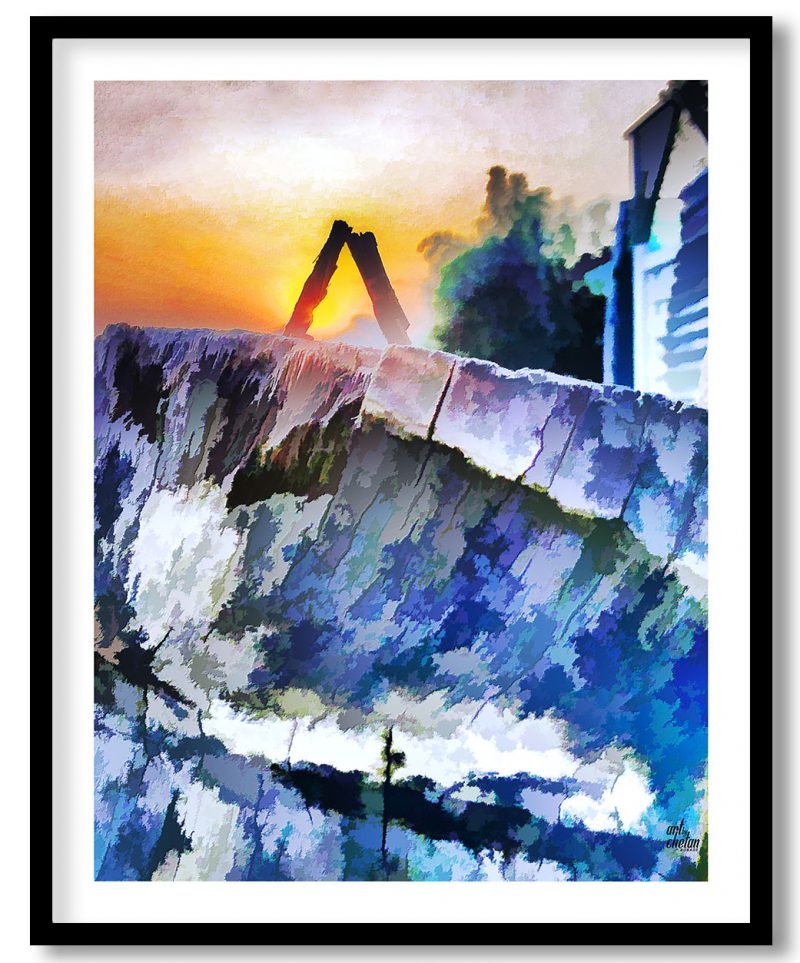 Watercolor beach side rock sunset landscape