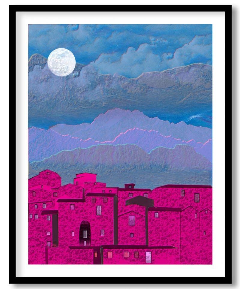 Abstract night pink cityscape painting