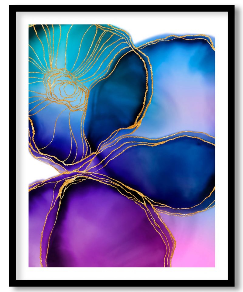 Abstract fluid ink golden watercolor flower