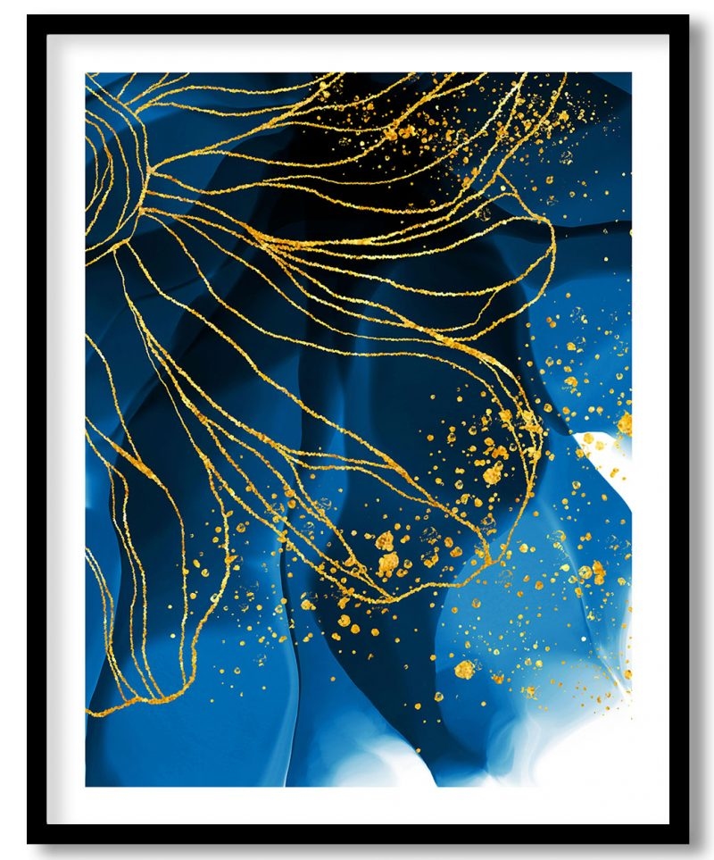 Abstract blue golden watercolor flower