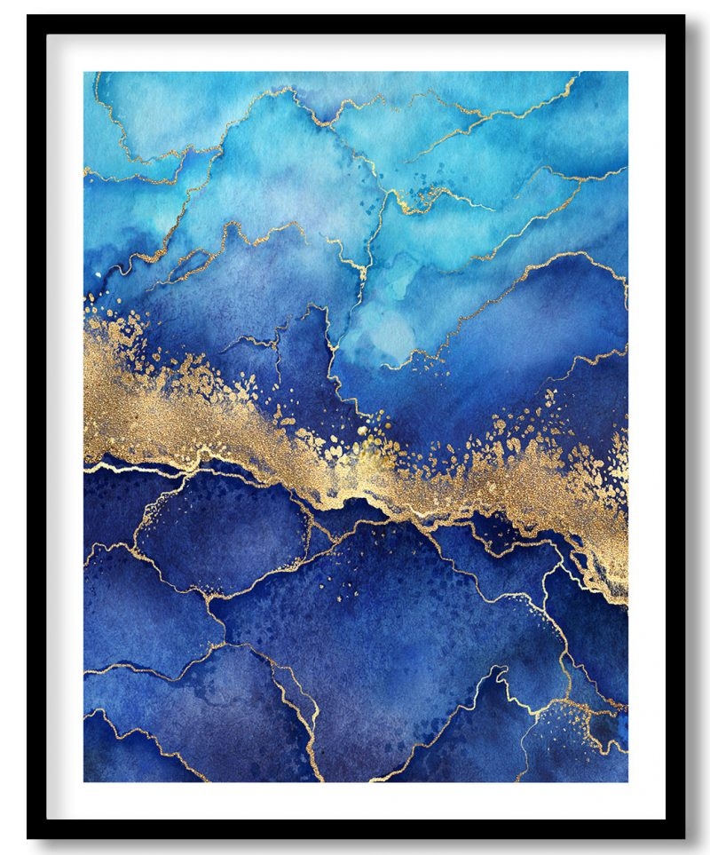 Blue mosaic stone golden veins marble abstract