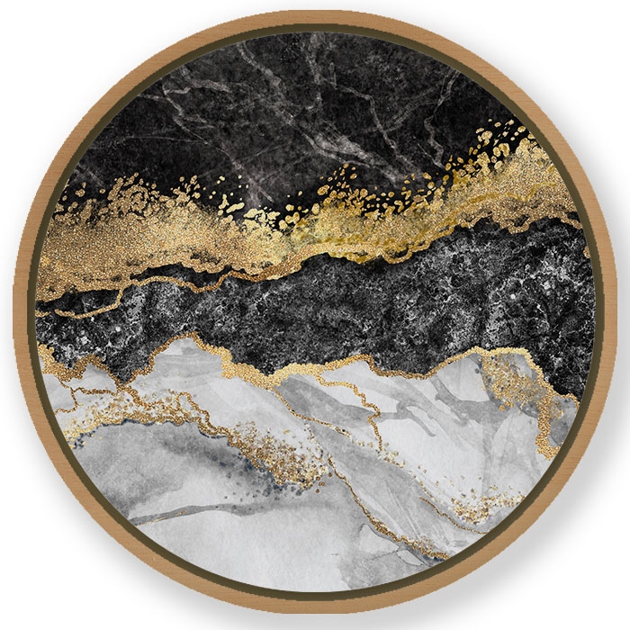 Black golden marble abstract - Round Wooden Art Frames
