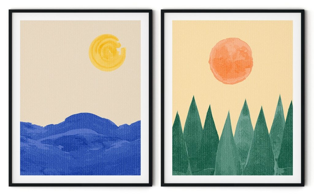 Sun shining over ocean and pines