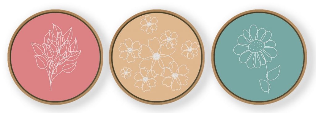 Set of 3 Botanical Outline Abstract - Circular Wooden Frames