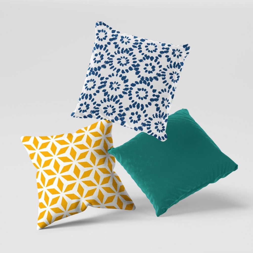 Set of 3 blue and yellow patterned cushion covers