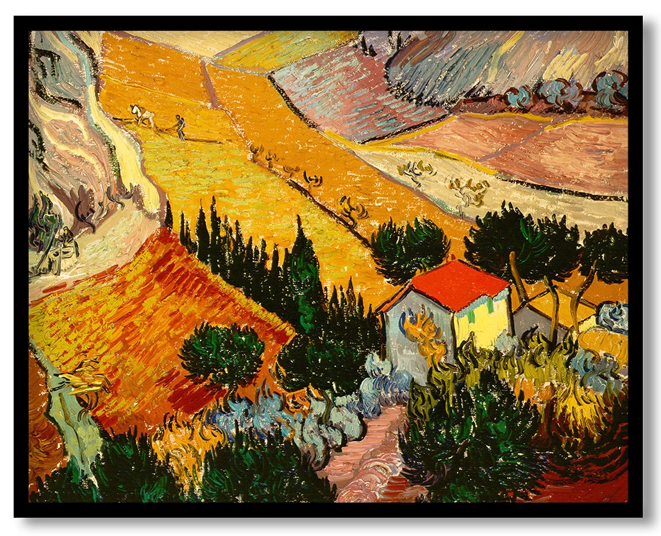 landscape with house and ploughman by Vincent van Gogh (1889)