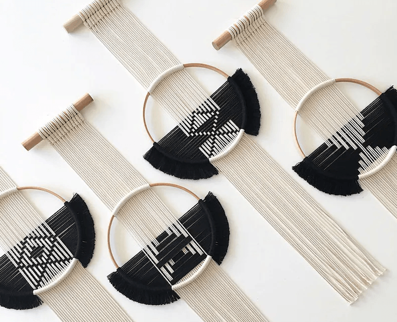 Circular Black and Off White Macrame Woven Wall Hanging