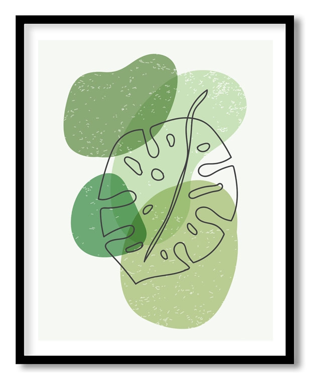 Abstract green spots line drawing monstera leaf