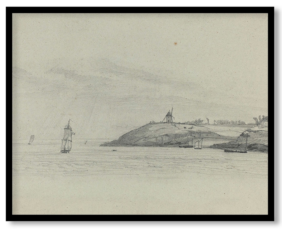 Coastal Landscape with Shipping; Windmill in Distance by Eugène Boudin (c. 1858)