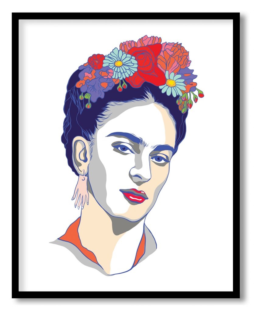 Grayscale colorful portrait of Frida Kahlo