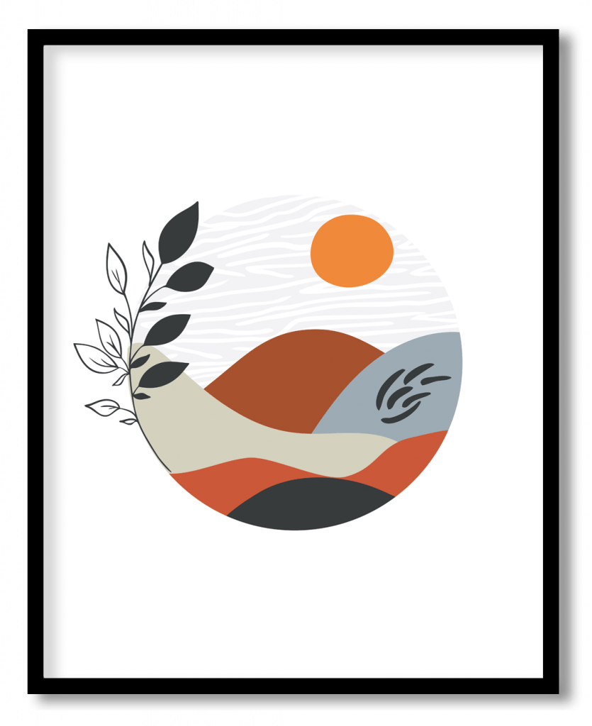 Abstract colorful boho leaf mountain landscape