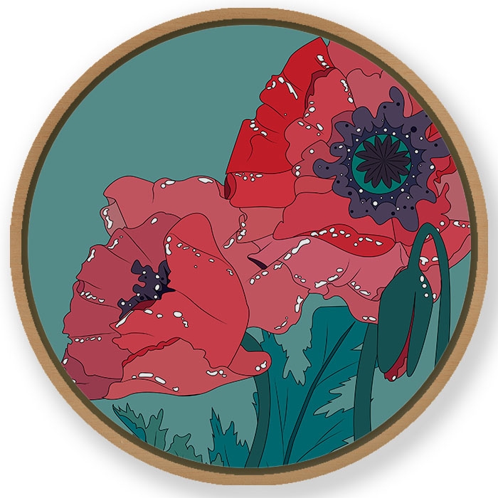 Red opiate flower #270 - Circular Wooden Frame