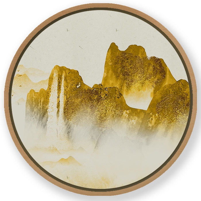 Golden mountainscape - Circular Wooden Frame