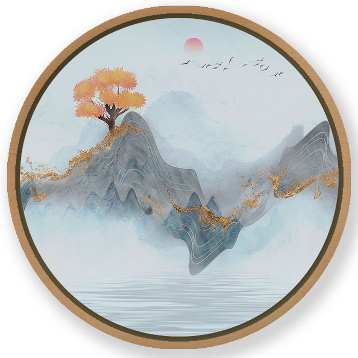 Modern river mountain scape - Circular Wooden Frame