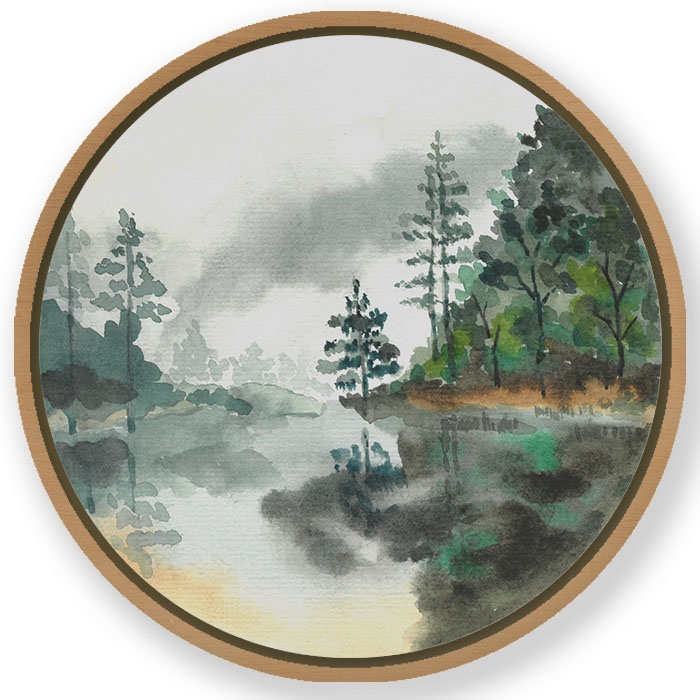 Watercolor river landscape - Circular Wooden Frame