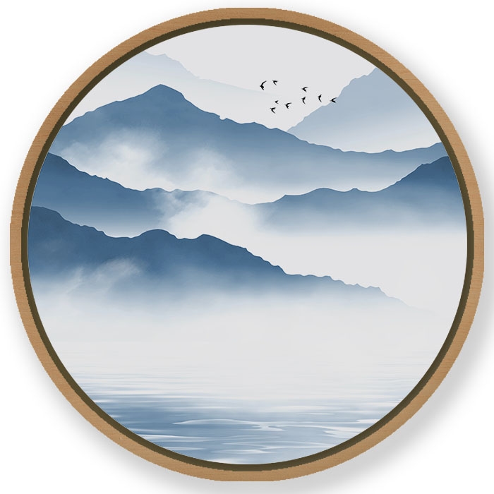 Indigo mountainscape #155 - Circular Wooden Frame