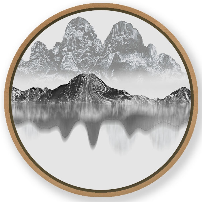 Ink mountainscape #666 - Circular Wooden Frame