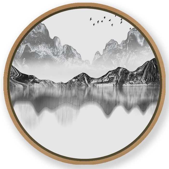 Ink mountainscape #667 - Circular Wooden Frame
