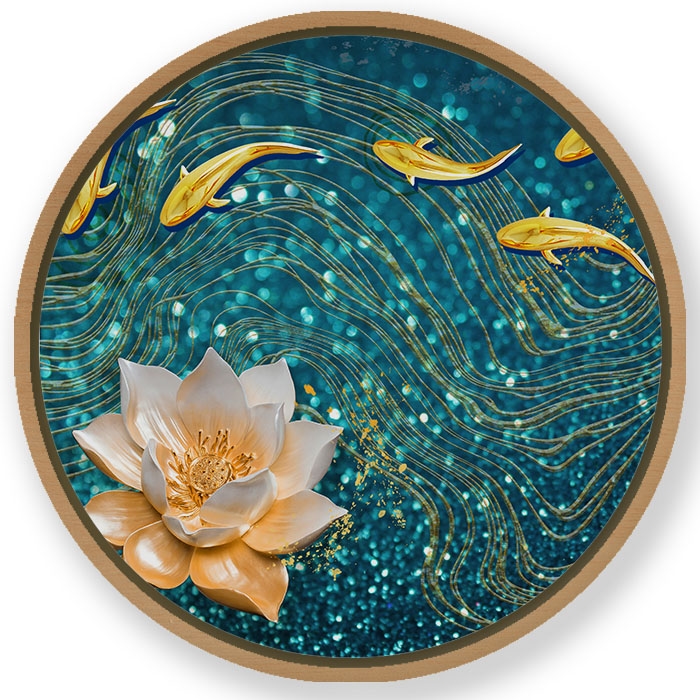 Golden glitter fishes #450 - Circular Wooden Frame