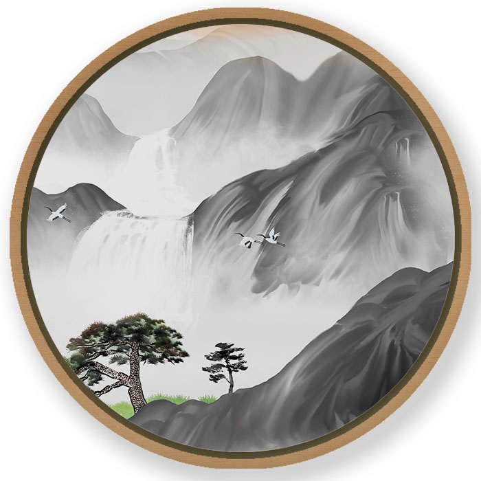 Mountains waterfall landscape #610 - Circular Wooden Frame