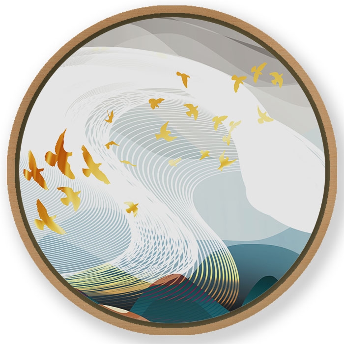 Contemporary golden landscape abstract #811 - Circular Wooden Frame