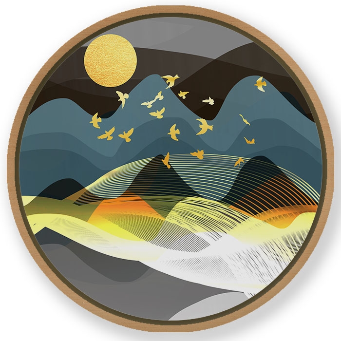 Golden mountainscape abstruse - Circular Wooden Frame