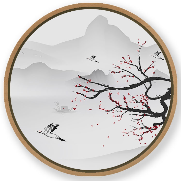 Hills cherry blossom landscape - Circular Wooden Frame