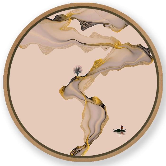 Inkish japanese landscape #852 - Circular Wooden Frame