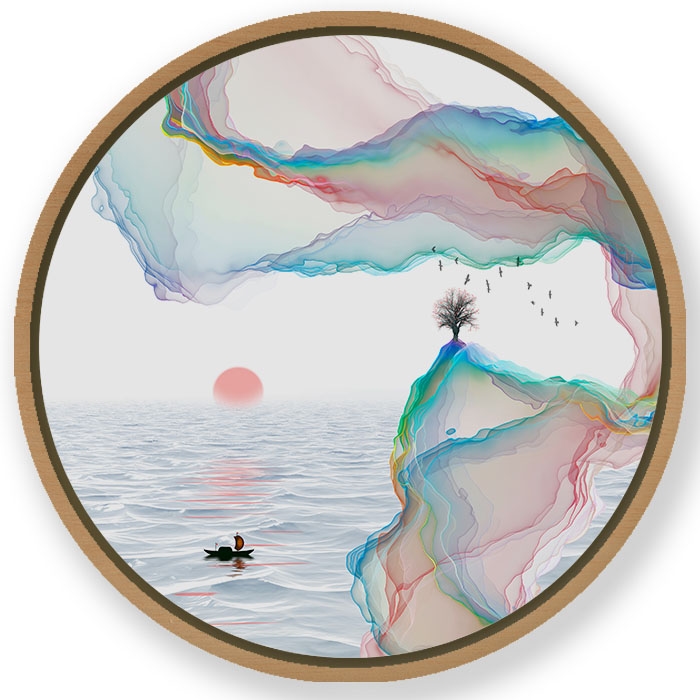 Inkish japanese landscape #853 - Circular Wooden Frame