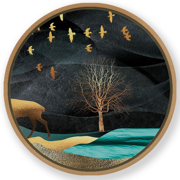Dark golden tree landscape #542 - Circular Wooden Frame