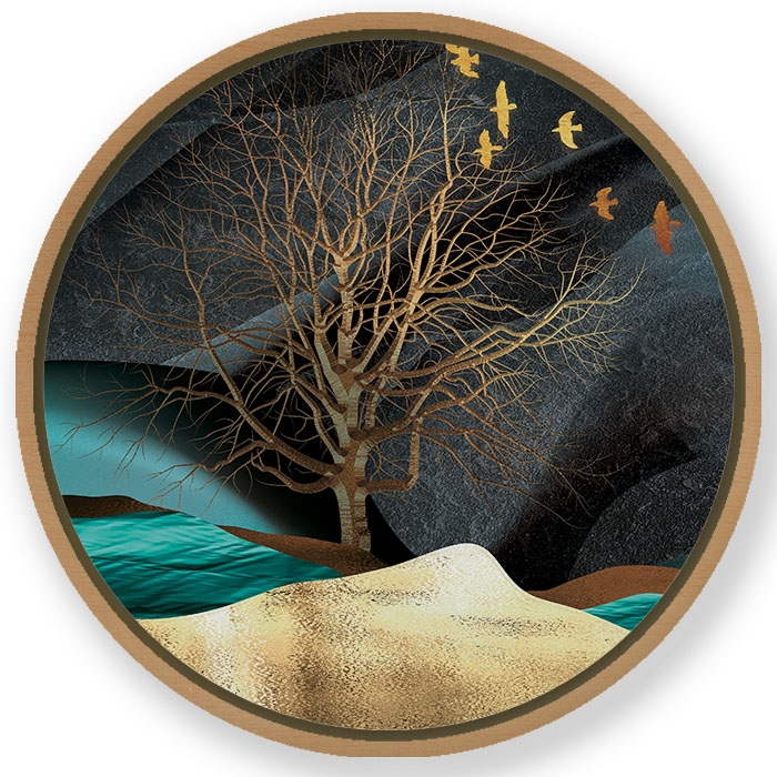 Dark golden tree landscape - Circular Wooden Frame